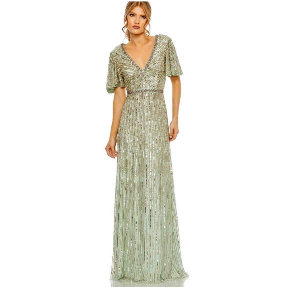 Mac Duggal Silver and Green Maxi Dress with Sequin Elegance
